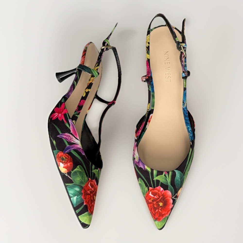 Nine West Floral Slingback Heels Women 9M Pointed Toe Kitten Heel